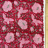 Block Print Graceful Swan among Flowers Red
