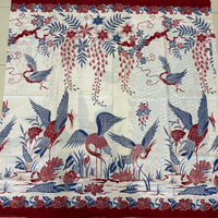 (Hand stamped Batik) Storks by the Lake with flowers Red and Blue