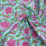 Block Print Pink Lotus Flowers on Blue background
