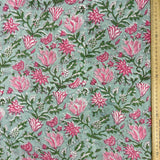 Block Print Pink Flowers on Mint Green Background