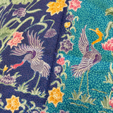 (Hand-stamped batik) Pair of Storks by the Flowers Violet Turquoise