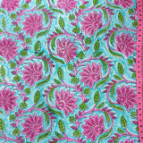 Block Print Pink Lotus Flowers on Blue background