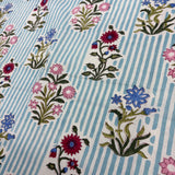 Block Print Flowers Bouquet on Blue Stripes