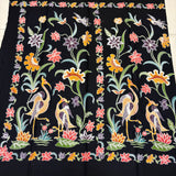 (Hand stamped Batik) Pair of Storks with Growing Flowers Black