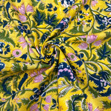 Block Print Pink and Blue Floral on Yellow Background