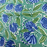 Block Print Blue Bell Flowers on Turquoise Background