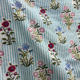 Block Print Flowers Bouquet on Blue Stripes