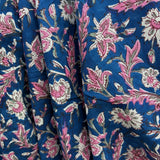 Block Print Pink Flowers on Navy Blue Background
