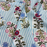 Block Print Flowers Bouquet on Blue Stripes