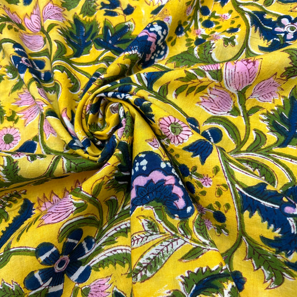 Block Print Pink and Blue Floral on Yellow Background