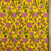 Block Print Pink and Green Vines on Yellow Background