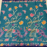 (Hand-stamped batik) Pair of Storks by the Flowers Violet Turquoise