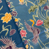 (Hand-stamped batik) Pair of Storks by the Flowers Blue