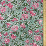 Block Print Pink Flowers on Mint Green Background