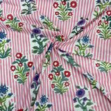 Block Print Flowers Bouquet on Pink Stripes
