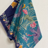 (Hand-stamped batik) Pair of Storks by the Flowers Violet Turquoise