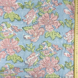 Block Print Pastel Pink Flowers with Leaves on Blue Background
