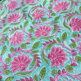 Block Print Pink Lotus Flowers on Blue background