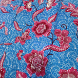 (Hand stamped Batik) Vines of Flowers on Corals Pattern Sky Blue