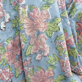 Block Print Pastel Pink Flowers with Leaves on Blue Background