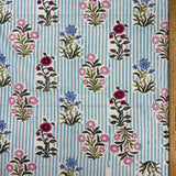 Block Print Flowers Bouquet on Blue Stripes