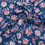 Block Print Pink Flowers on Navy Blue Background