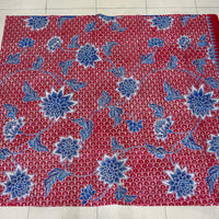 (Hand stamped Batik) Vines of Flowers on Scallop Pattern Red