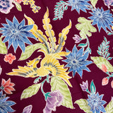 (Hand stamped Batik) Phoenix gathering among Flowers Dark Burgundy