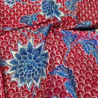 (Hand stamped Batik) Vines of Flowers on Scallop Pattern Red