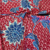 (Hand stamped Batik) Vines of Flowers on Scallop Pattern Red