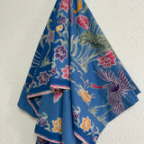 (Hand-stamped batik) Pair of Storks by the Flowers Blue