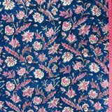Block Print Pink Flowers on Navy Blue Background