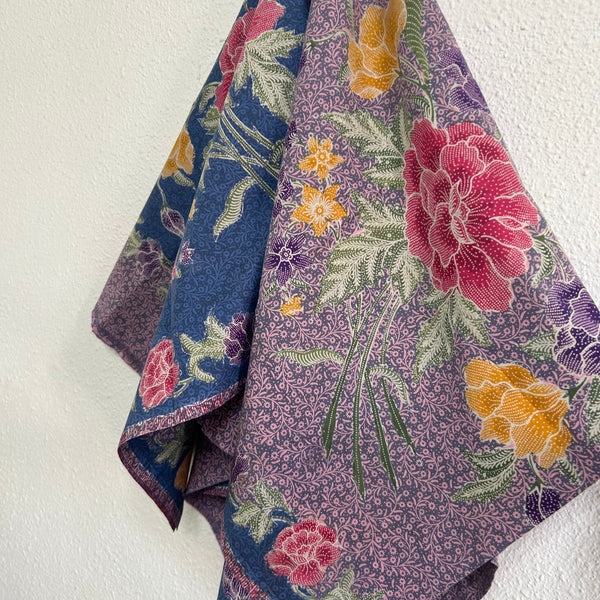 (Hand-stamped batik) Vintage Bouquet of flowers with Butterflies and Bloom Pink Blue