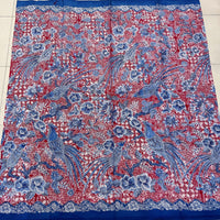 (Hand stamped Batik) Blue Birds on Trees against Red Background