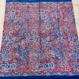 (Hand stamped Batik) Blue Birds on Trees against Red Background