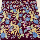 (Hand stamped Batik) Phoenix gathering among Flowers Dark Burgundy