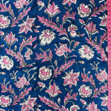 Block Print Pink Flowers on Navy Blue Background
