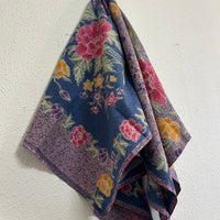 (Hand-stamped batik) Vintage Bouquet of flowers with Butterflies and Bloom Pink Blue
