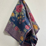 (Hand-stamped batik) Vintage Bouquet of flowers with Butterflies and Bloom Pink Blue