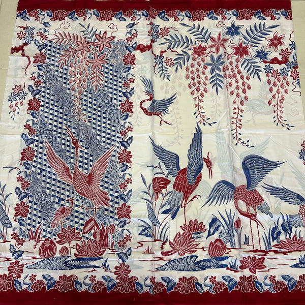 (Hand stamped Batik) Storks by the Lake with flowers Red and Blue