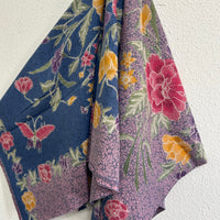 (Hand-stamped batik) Vintage Bouquet of flowers with Butterflies and Bloom Pink Blue