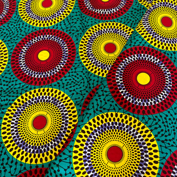 African Wax Red Yellow Circle on Green