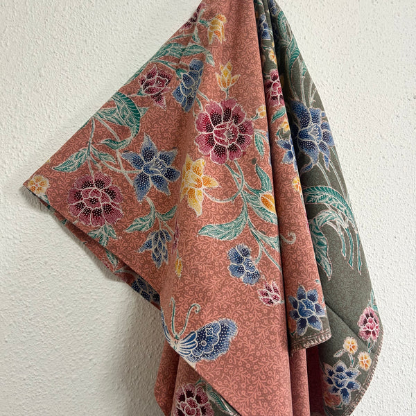 (Hand-stamped batik) Vintage Bouquet of flowers with Butterflies and Bloom Peach Green