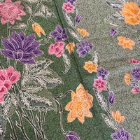 (Hand-stamped batik) Vintage Bouquet of flowers with Bird and Butterfly Green