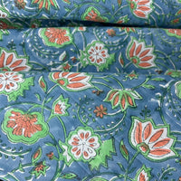 Block Print Lotus Floral Turquoise Background