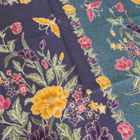 (Hand-stamped batik) Vintage Bouquet of flowers with Butterflies and Bloom Blue #A