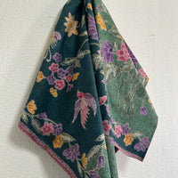 (Hand-stamped batik) Vintage Bouquet of flowers with Bird and Butterfly Turquoise
