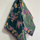 (Hand-stamped batik) Vintage Bouquet of flowers with Bird and Butterfly Turquoise