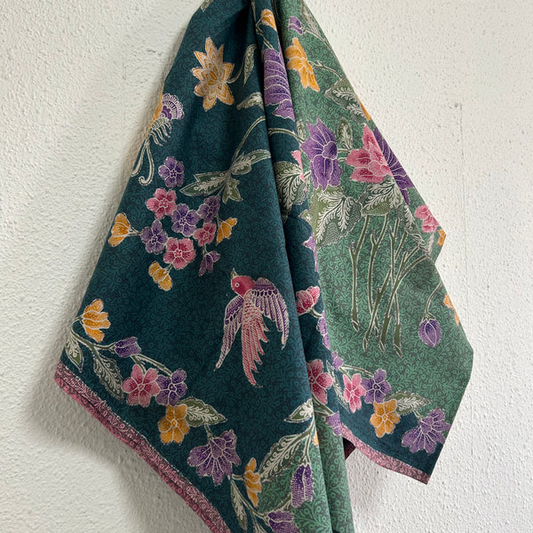(Hand-stamped batik) Vintage Bouquet of flowers with Bird and Butterfly Turquoise