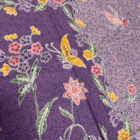(Hand-stamped batik) Vintage Bouquet of flowers with Bird and Butterfly Purple